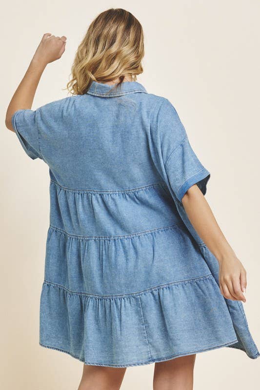 Washed Denim Tiered Mini Dress
