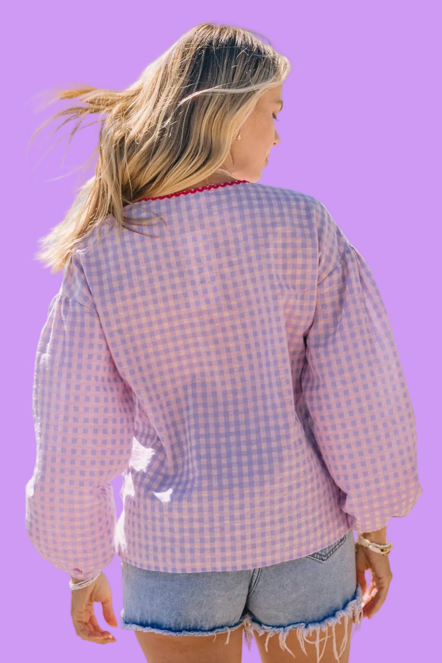 Lavender Gingham Front Tie Blouse