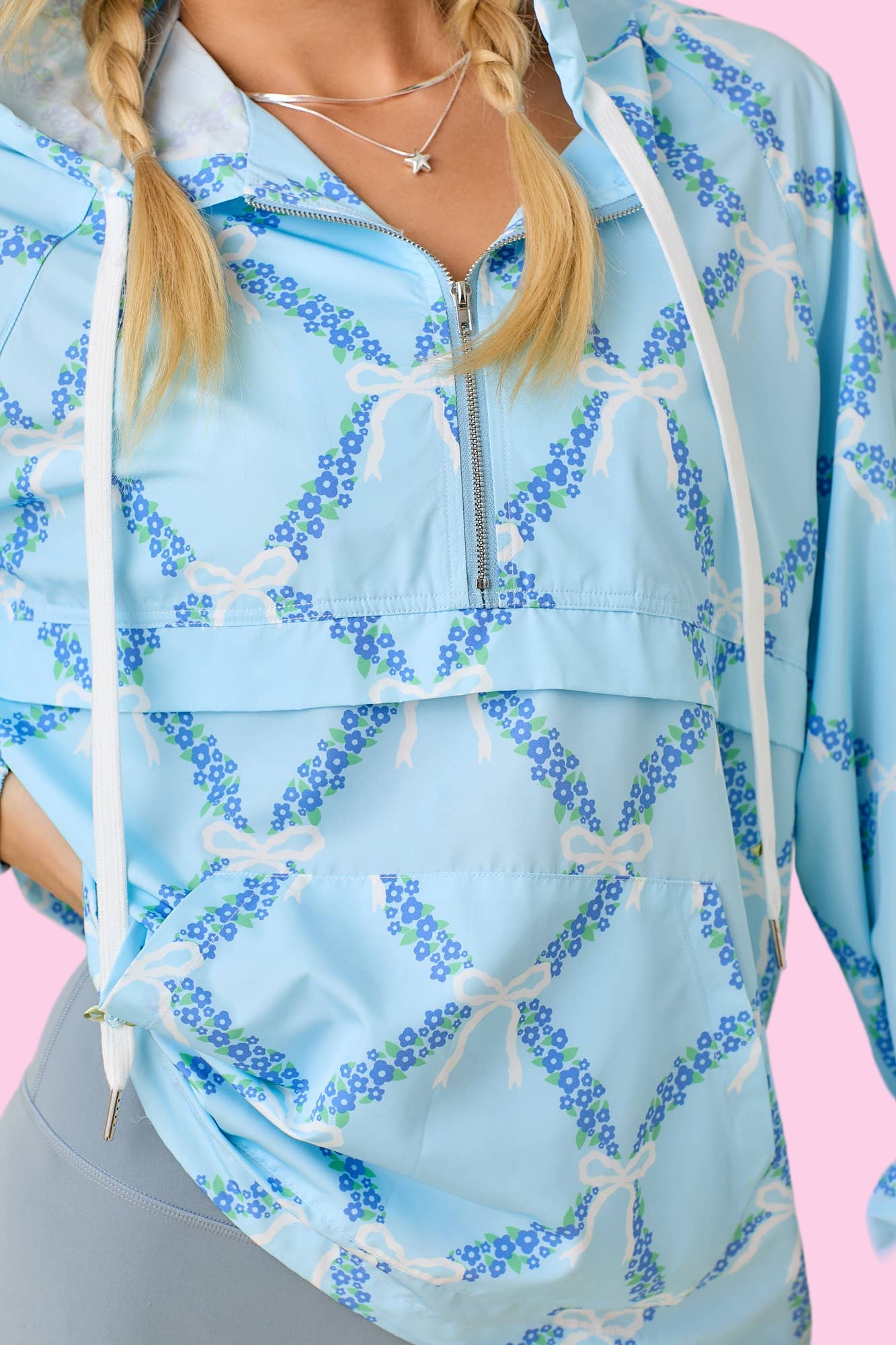 Blue Ribbon And Floral Printed Windbreaker