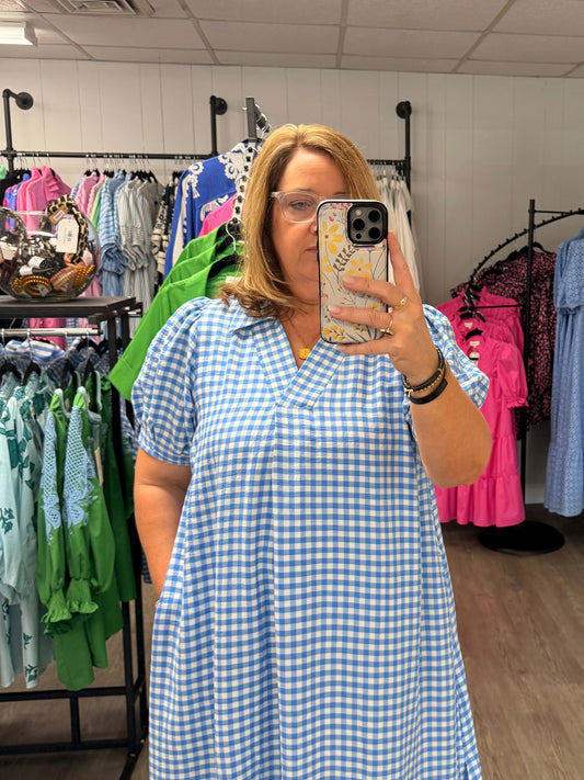 Lovely Light Blue Gingham Midi Dress