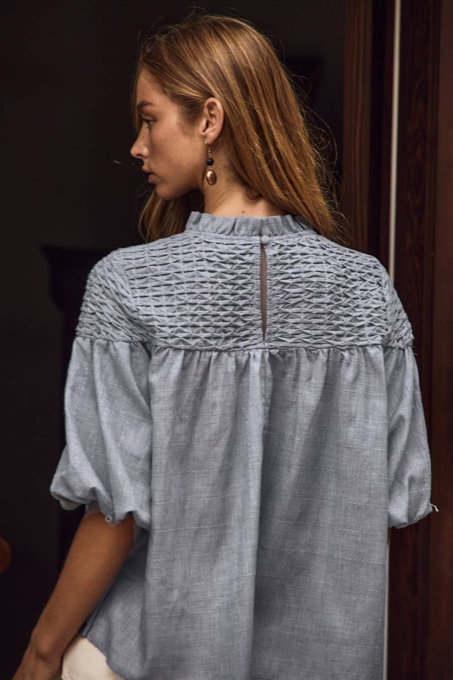Denim Blue Bubble Sleeve Blouse