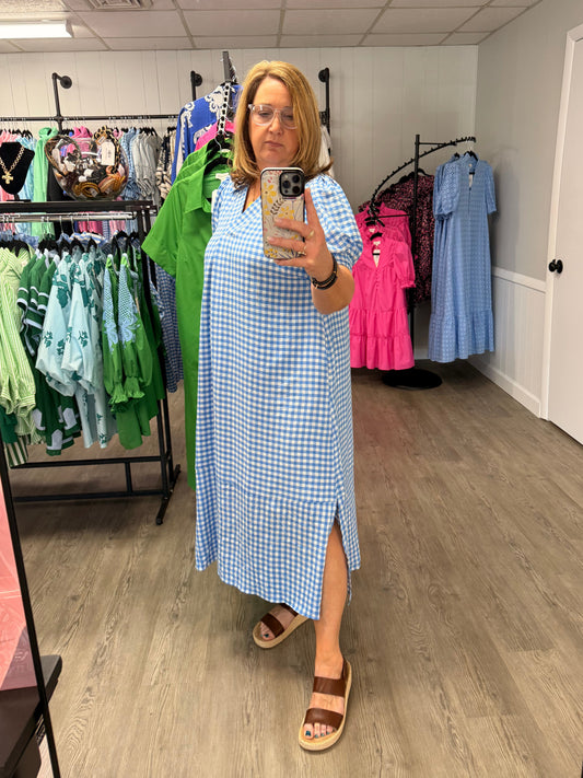 Lovely Light Blue Gingham Midi Dress