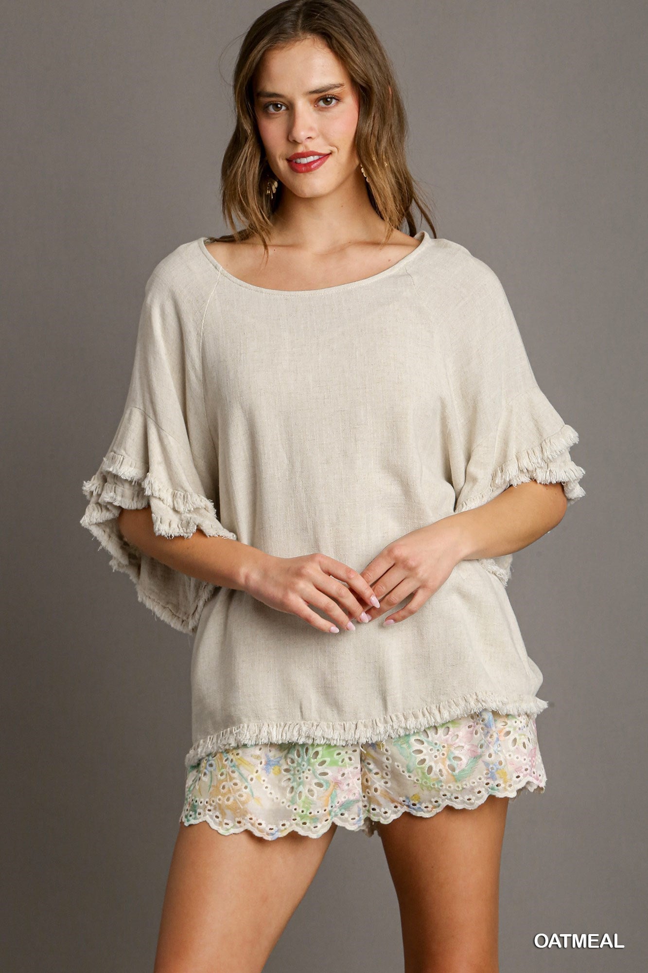 Oatmeal Linen Blend Short Sleeve Round Neck Top