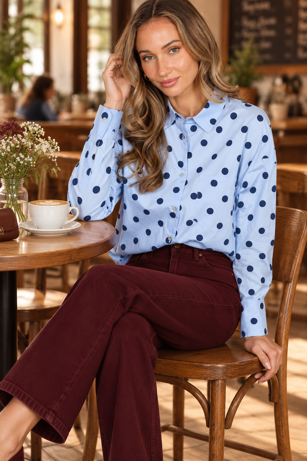 Blue Polka Dot Button Down Blouse