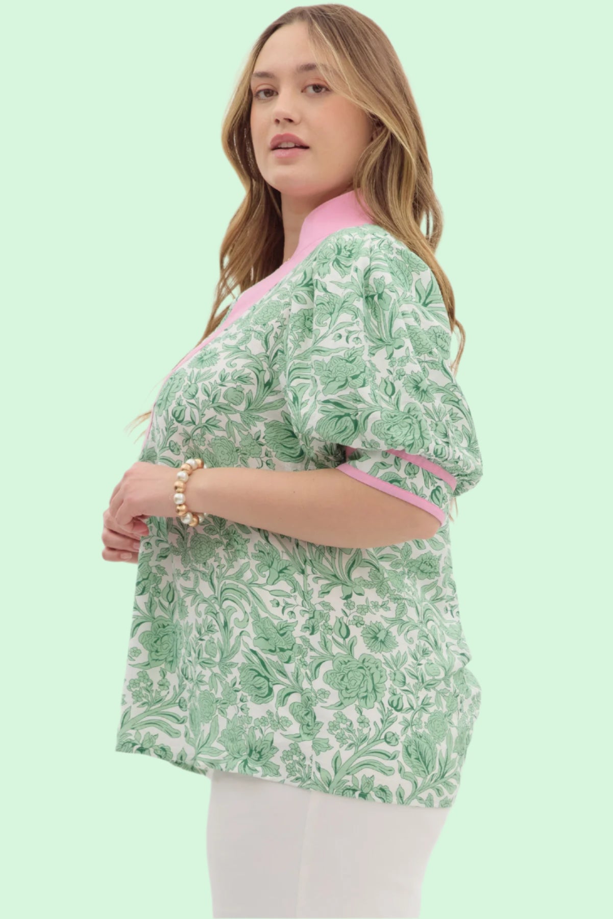 Green & Pink Floral Pull On Top