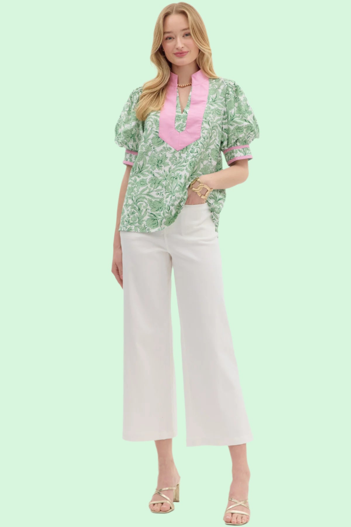 Green & Pink Floral Pull On Top