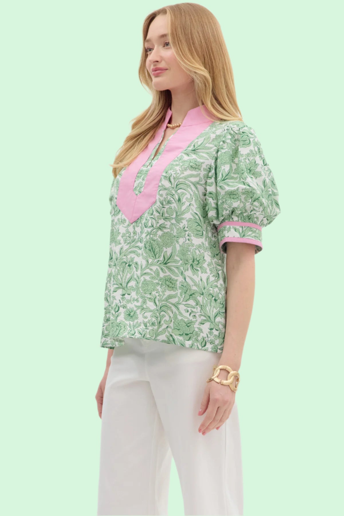 Green & Pink Floral Pull On Top