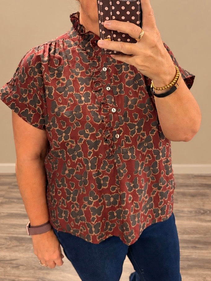 Wine Floral Print Ruffled Neckline