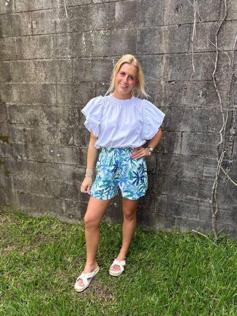 Green/Blue Palm Tree Printed Shorts