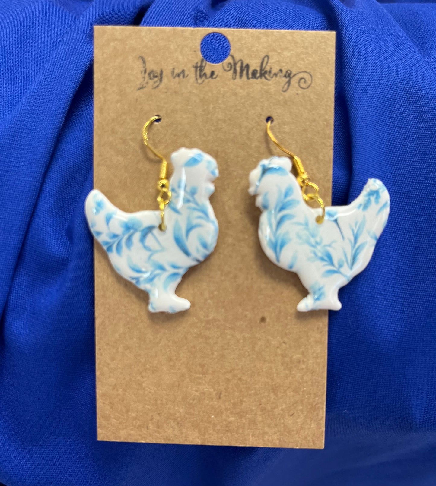 Blue Patterned Chicken Earrings