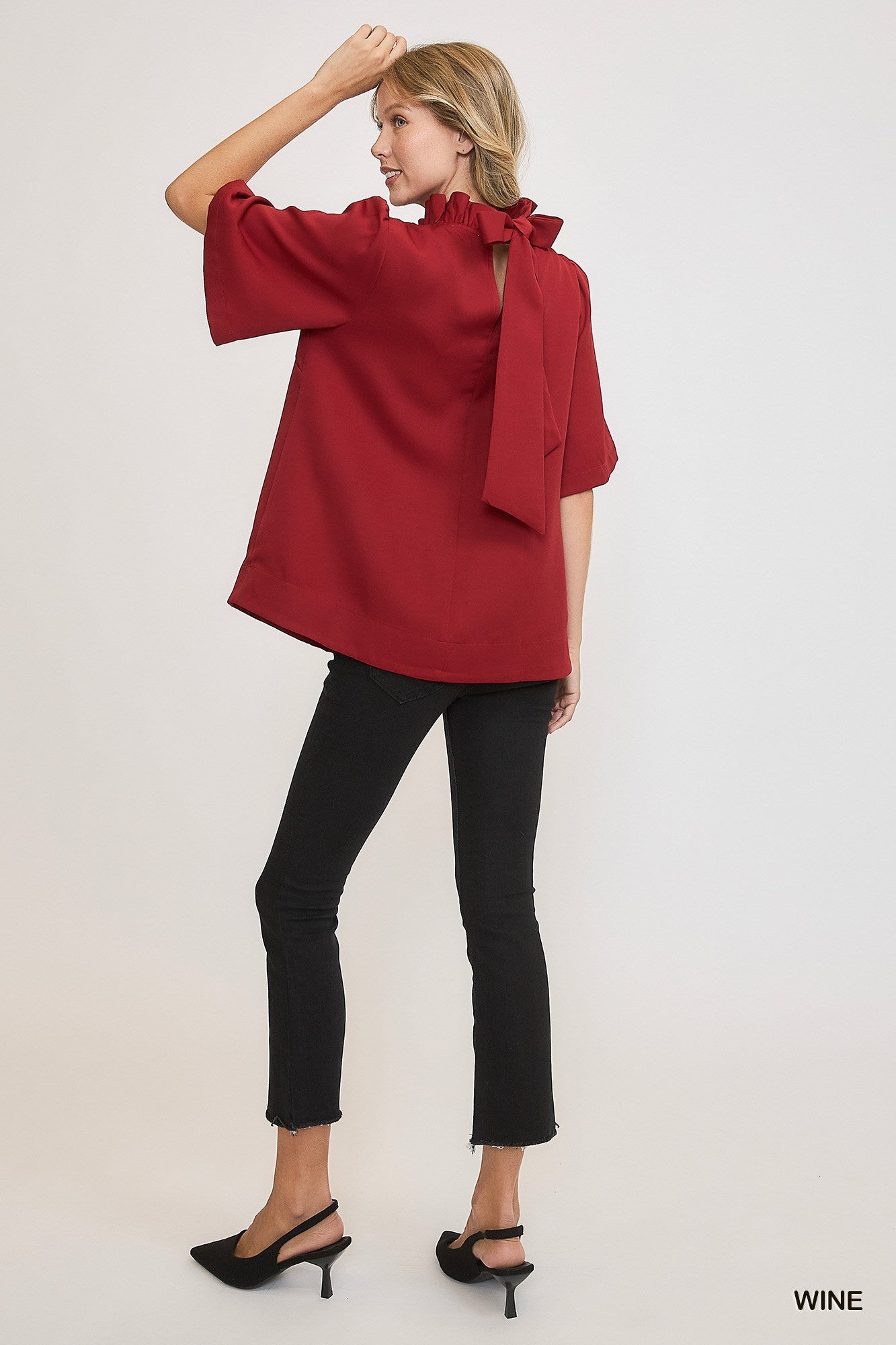 Red Wine Bell Sleeve Top with Back Tie