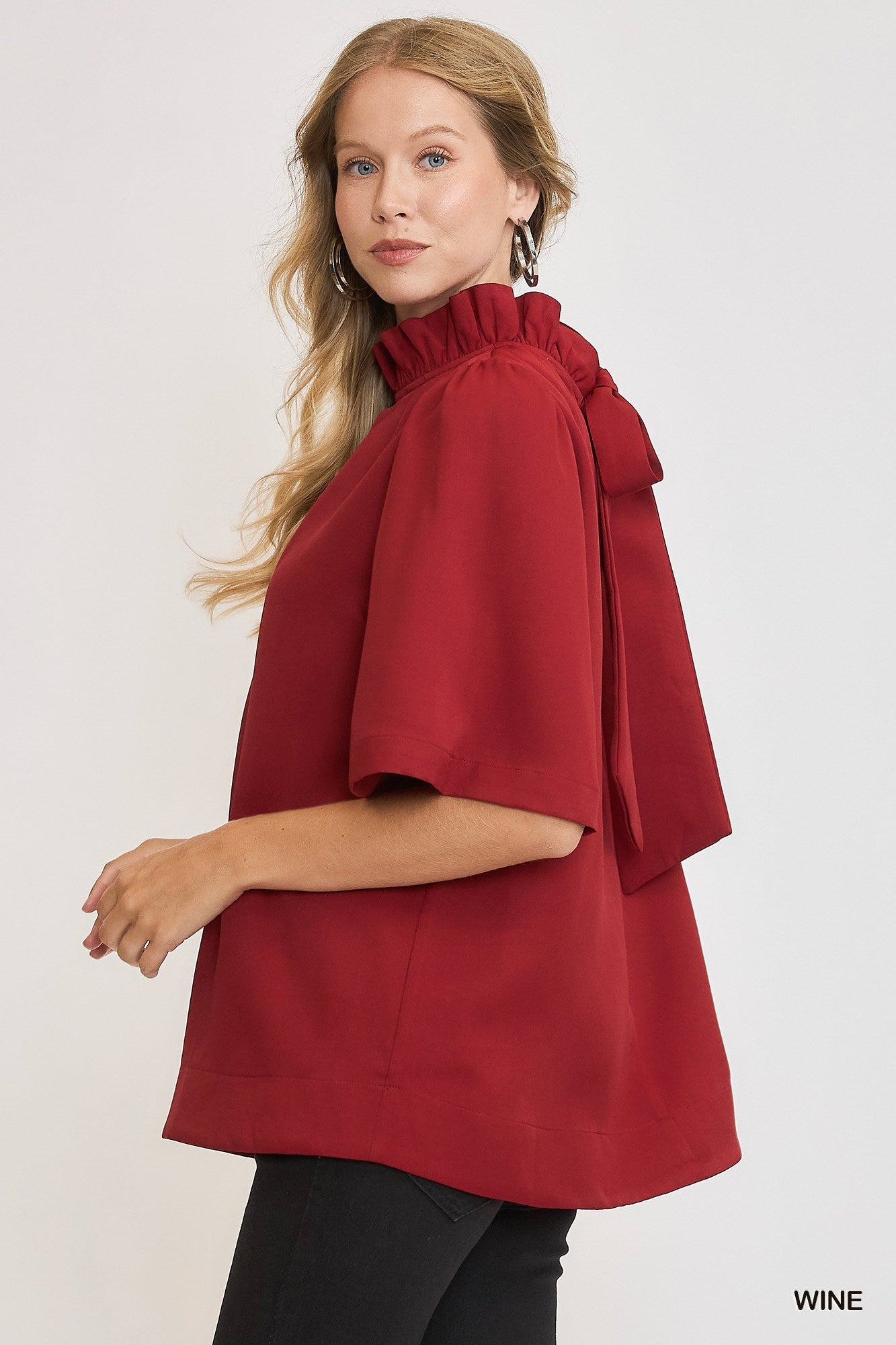 Red Wine Bell Sleeve Top with Back Tie