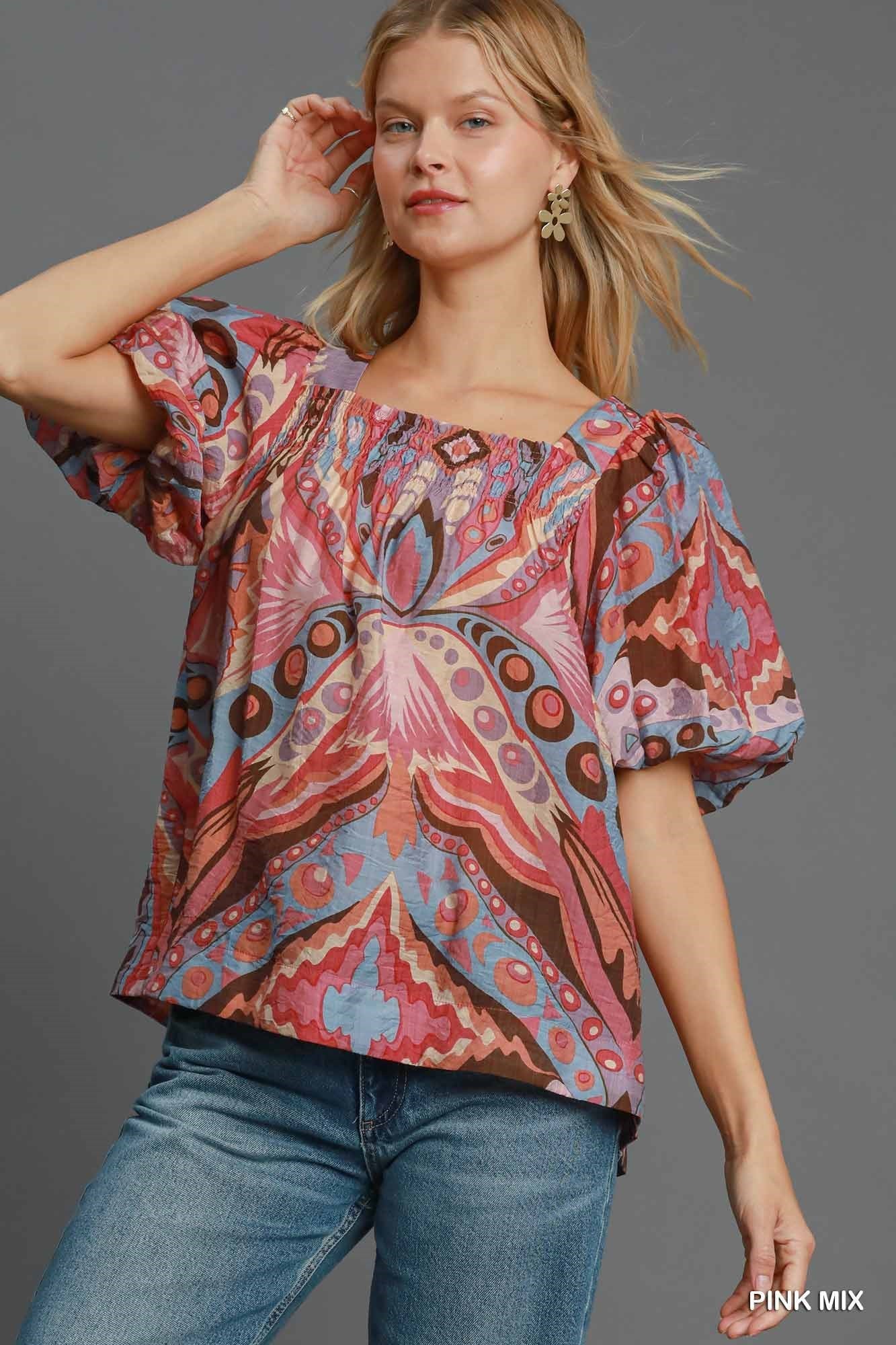 Pink Mix Abstract Print Square Neck Top