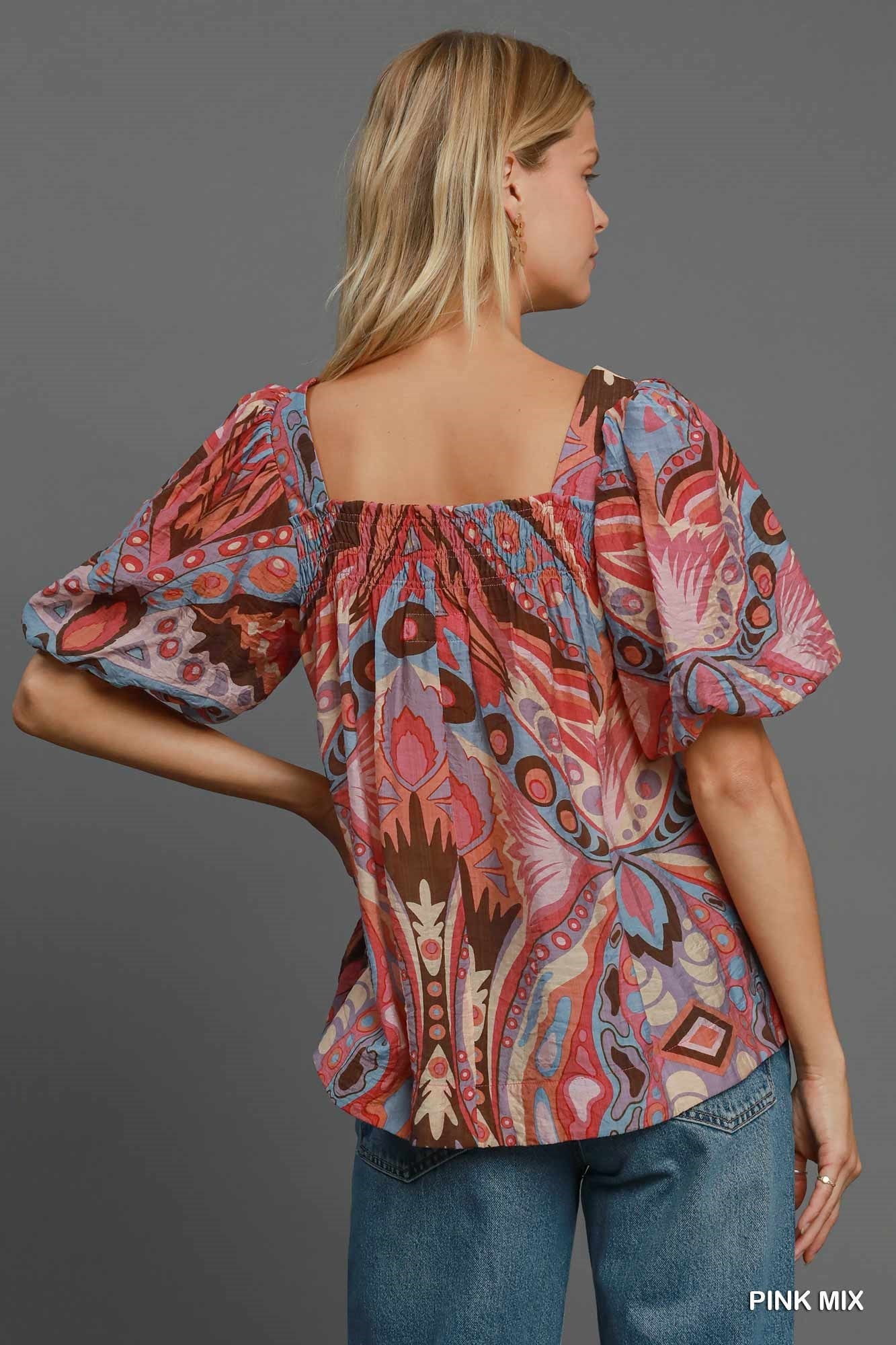 Pink Mix Abstract Print Square Neck Top