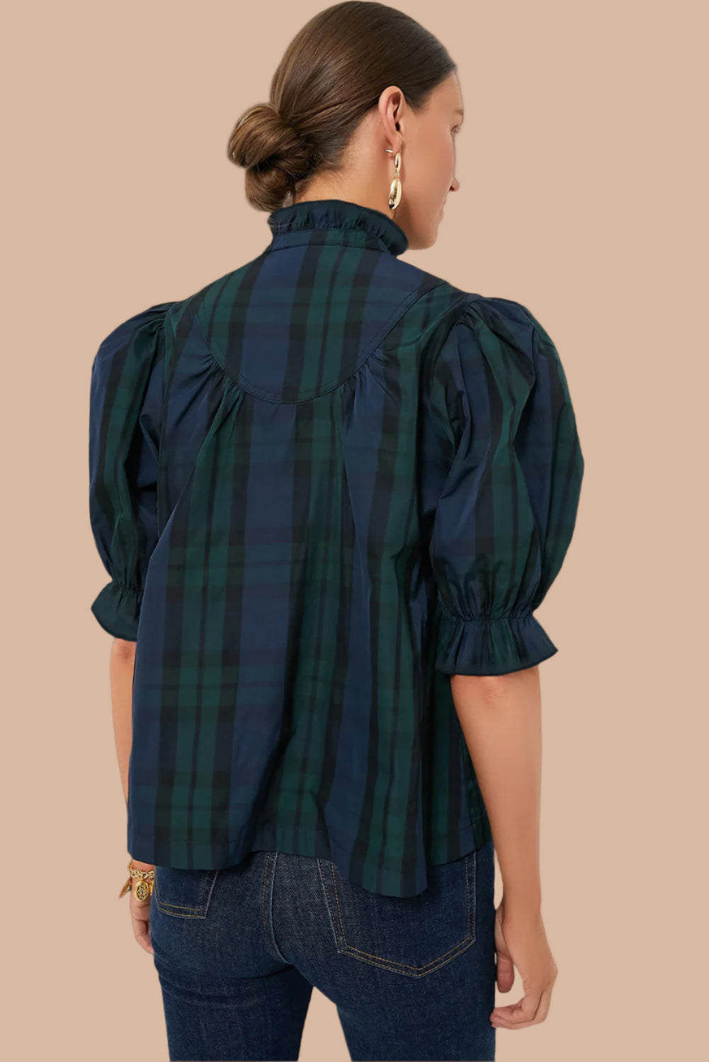 Green/Navy Plaid Puff Sleeve Top