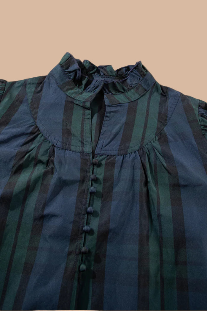 Green/Navy Plaid Puff Sleeve Top