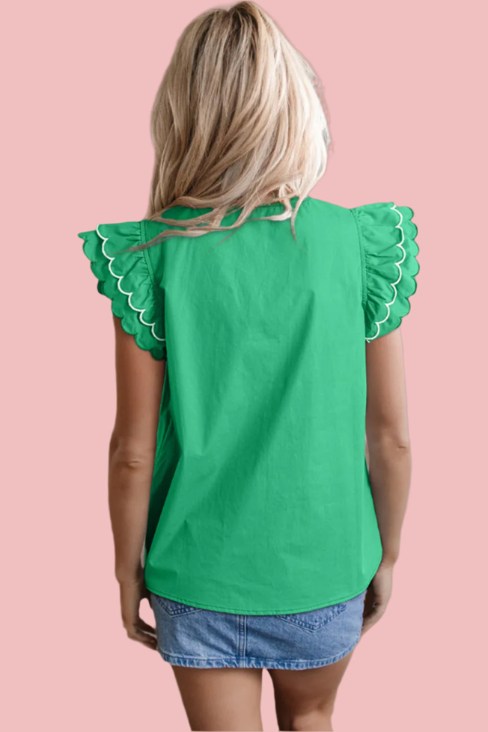Green Ruffle Sleeve Top with White Scalloped Trim