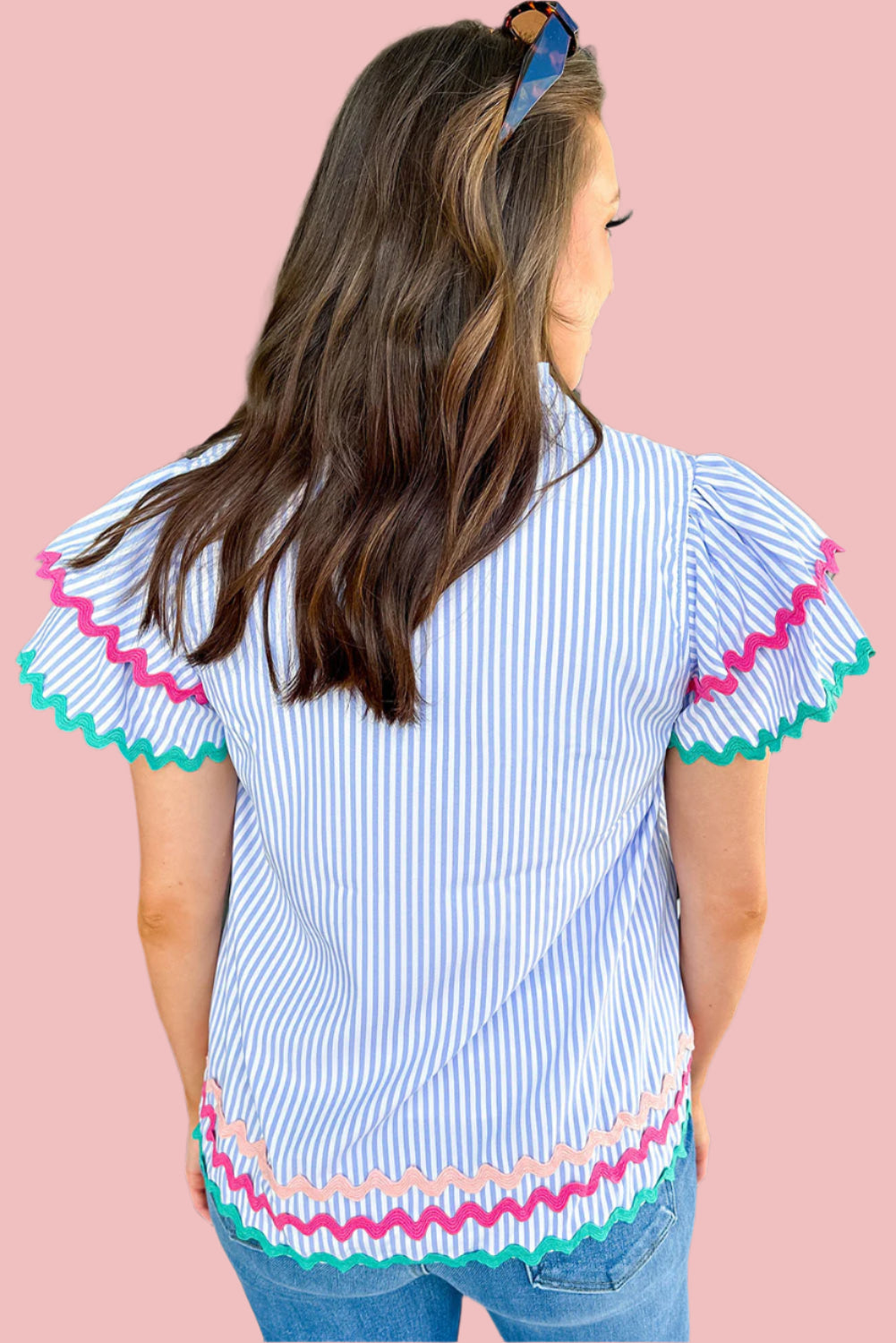 Sky Blue Stripe Ruffled Sleeve Blouse