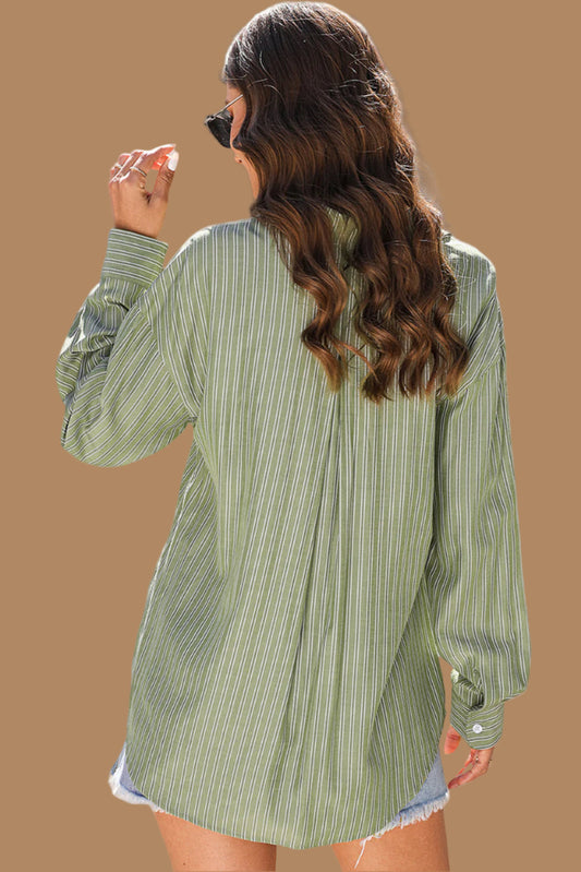 Green Striped Button Up Oversized Top