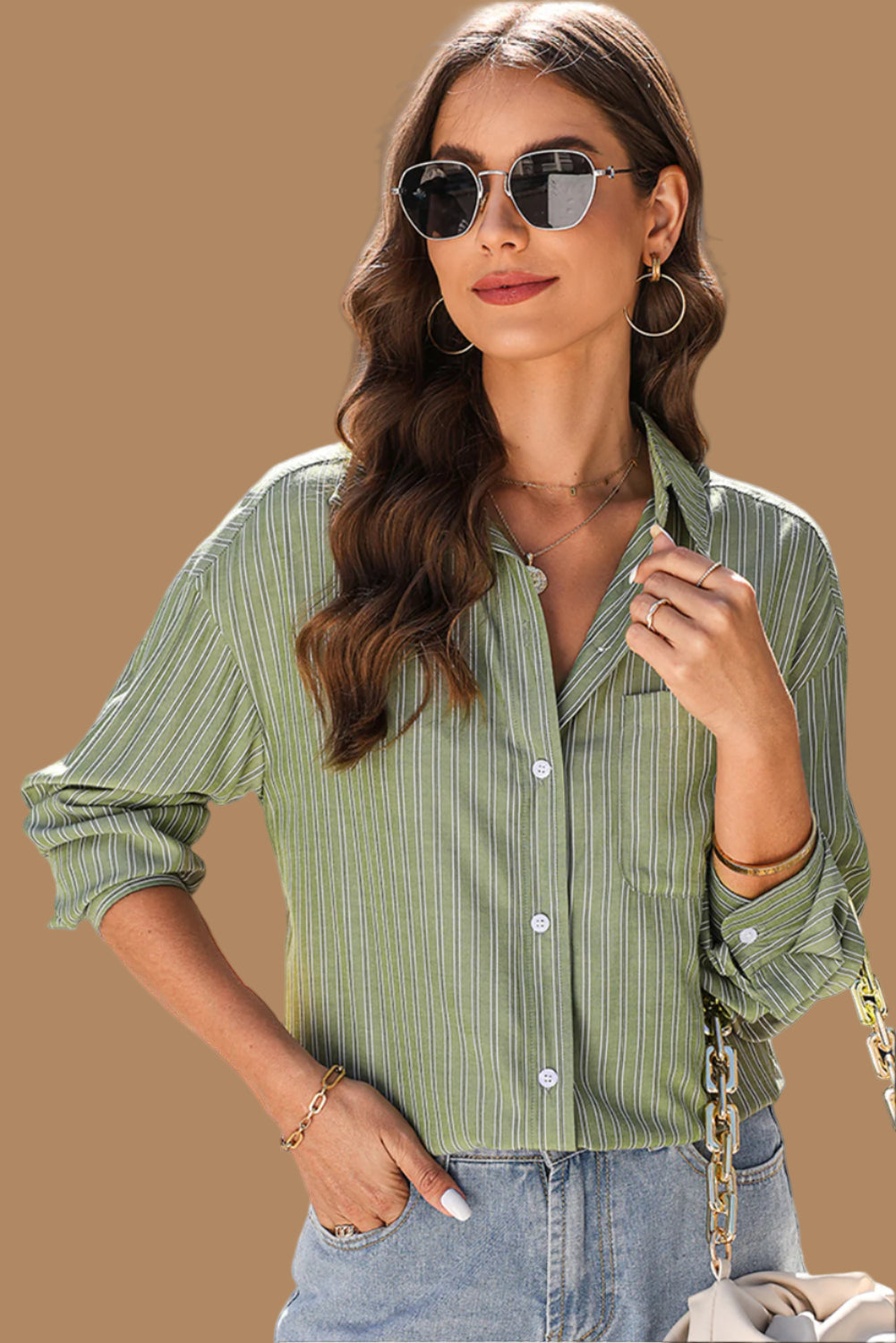 Green Striped Button Up Oversized Top