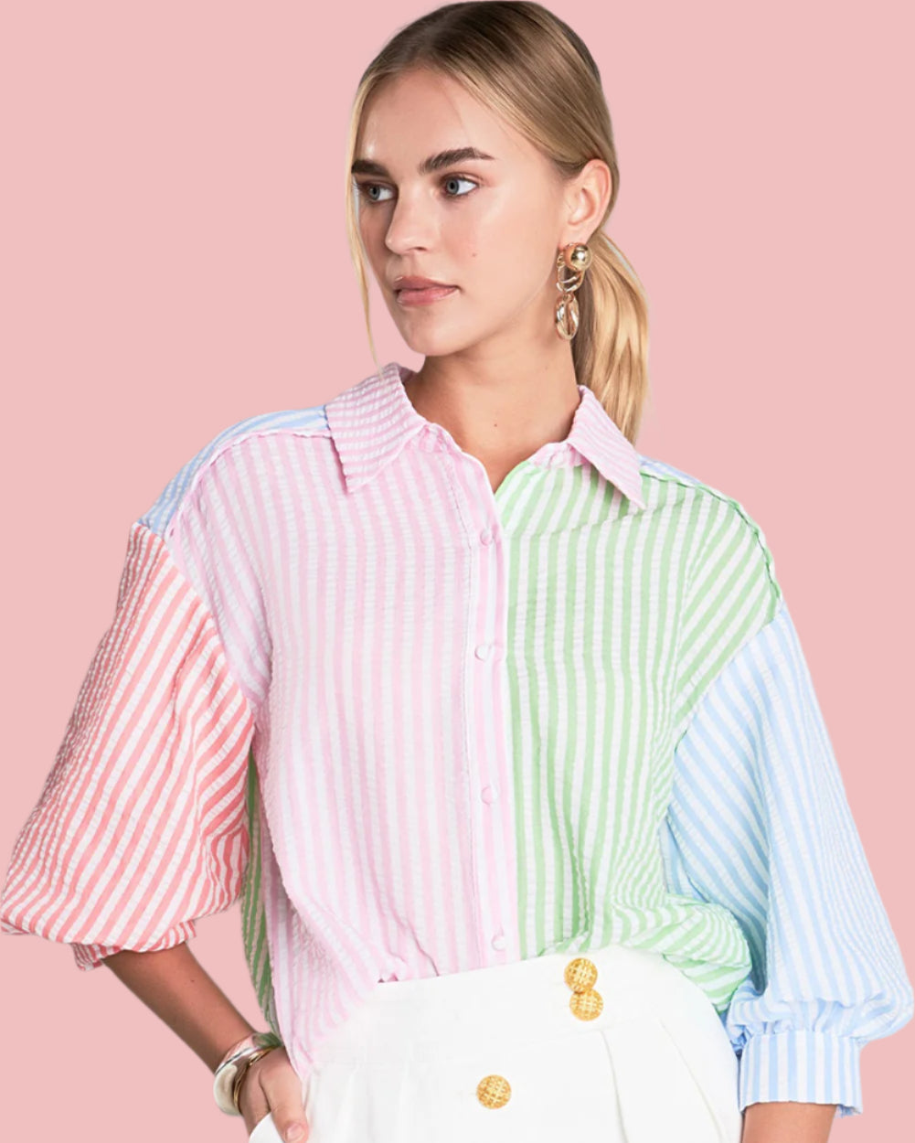Striped Multi Color Block Button Up