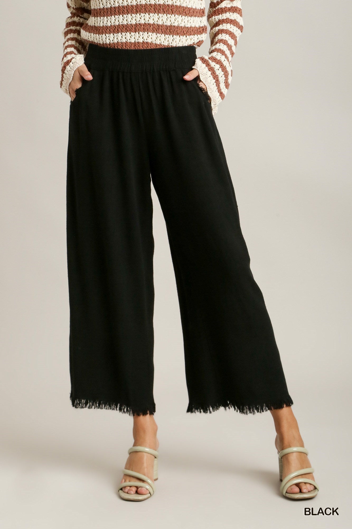 Black Linen Blend Wide Leg Pants