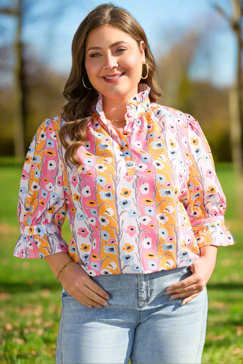 Pink/Orange/White Floral Ruffled Collar Top
