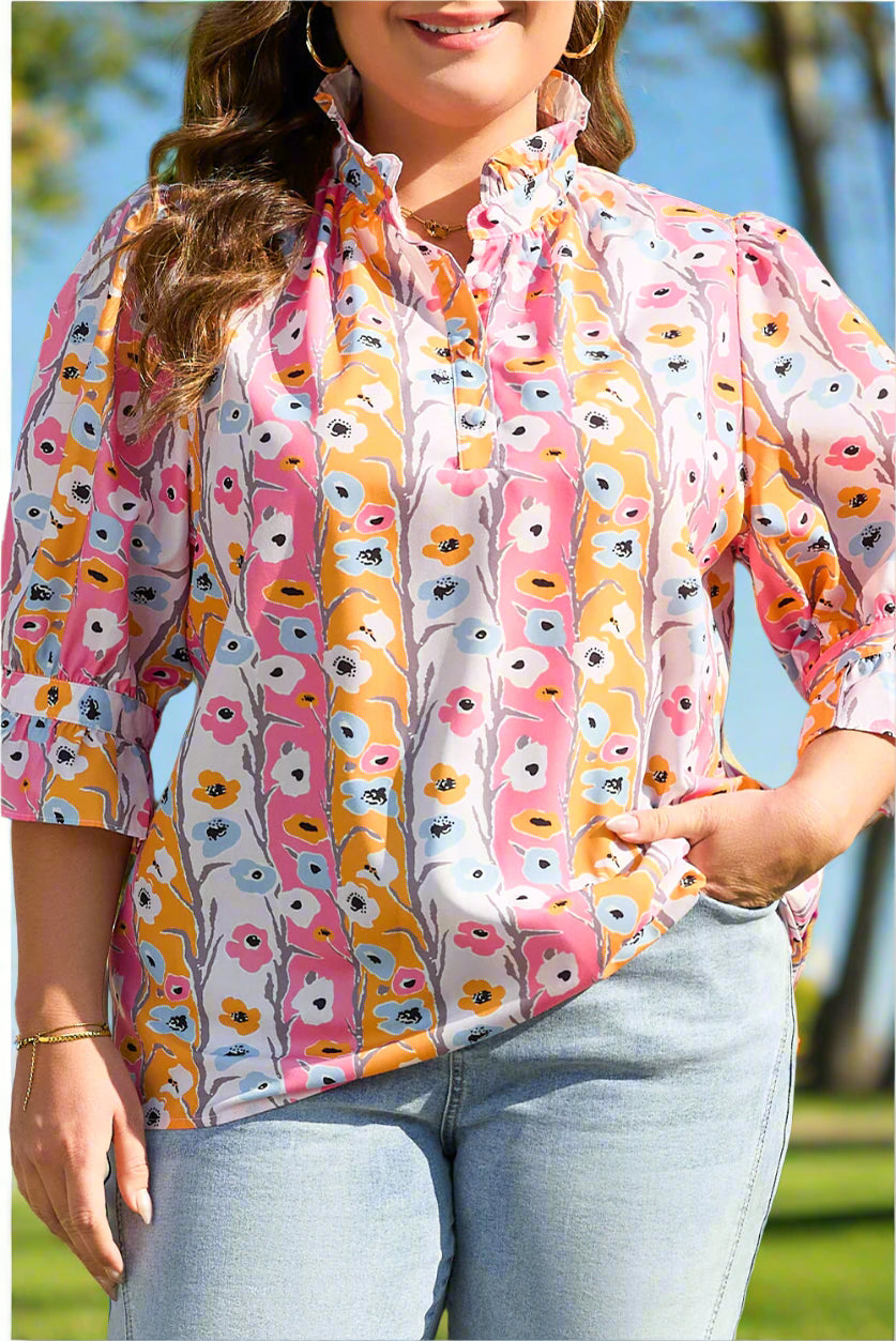 Pink/Orange/White Floral Ruffled Collar Top
