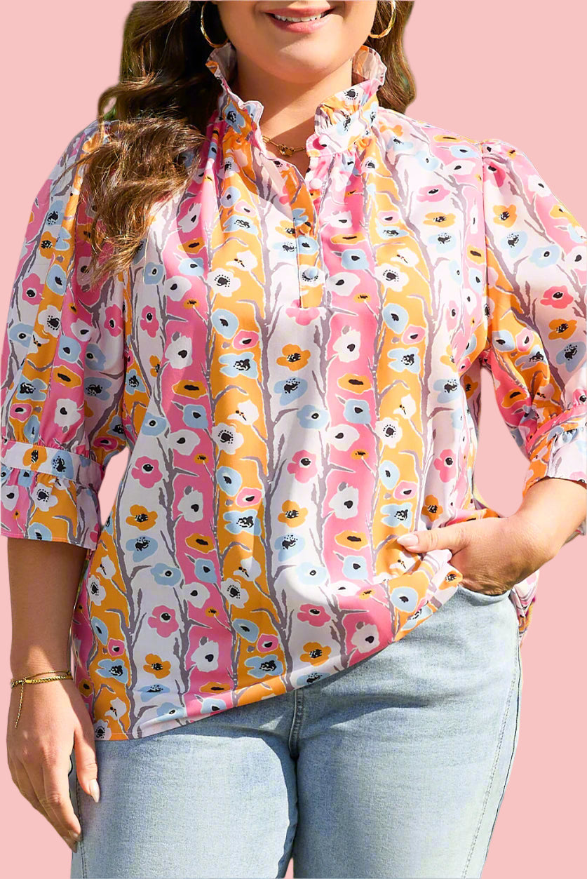 Pink/Orange/White Floral Ruffled Collar Top
