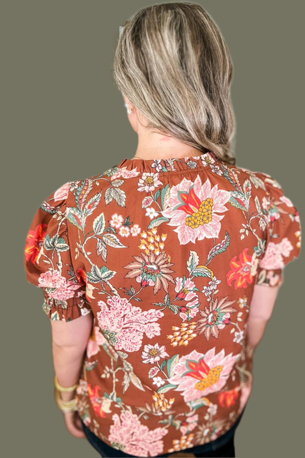 Brown Floral V Neck Top