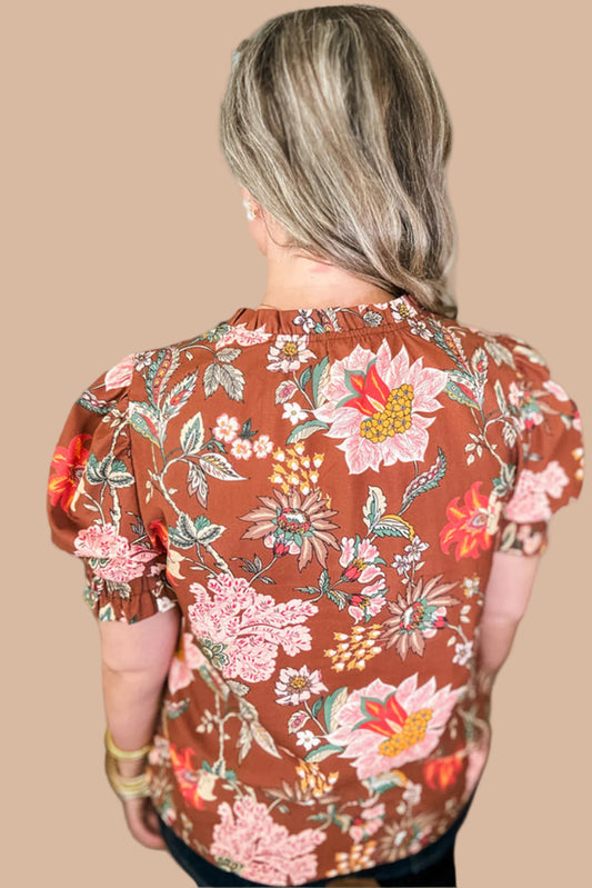 Brown Floral V Neck Top