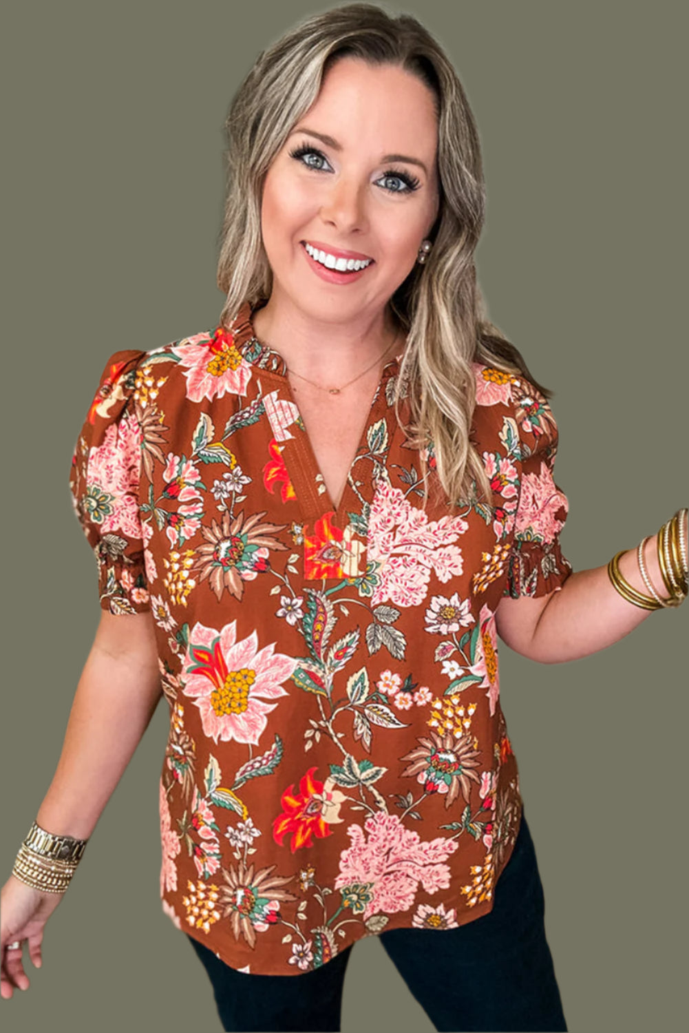 Brown Floral V Neck Top