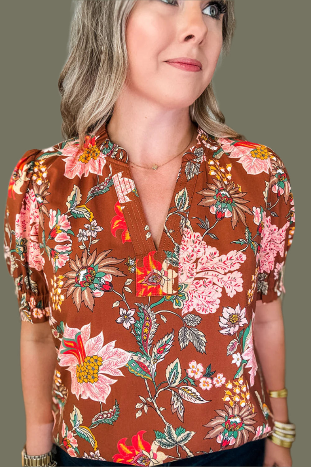 Brown Floral V Neck Top