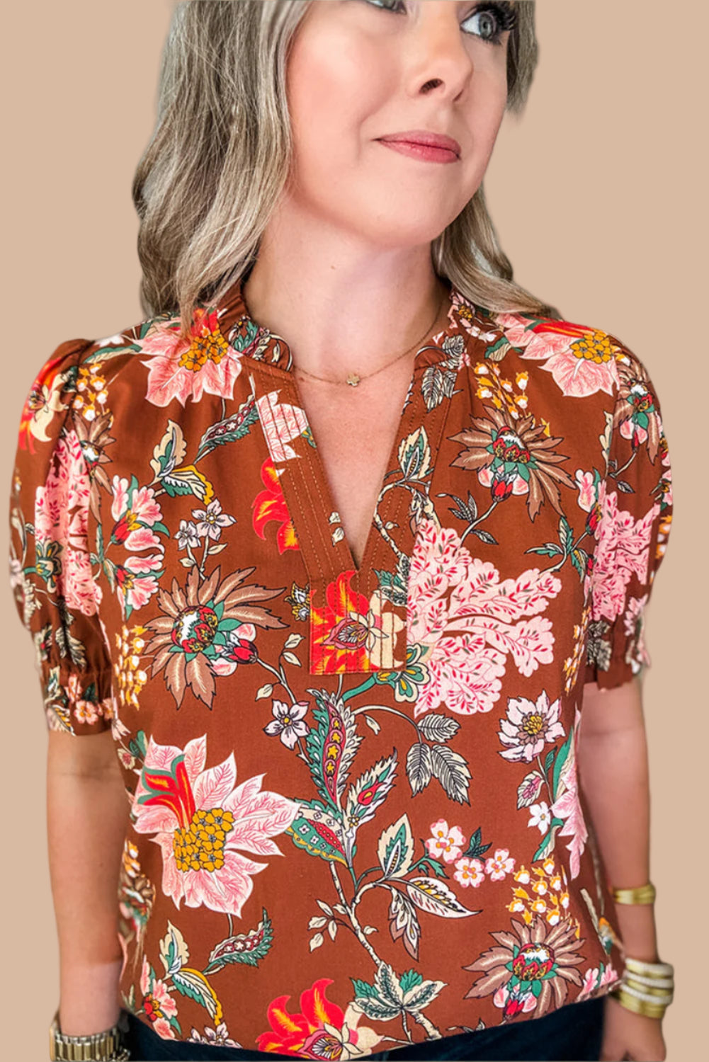 Brown Floral V Neck Top