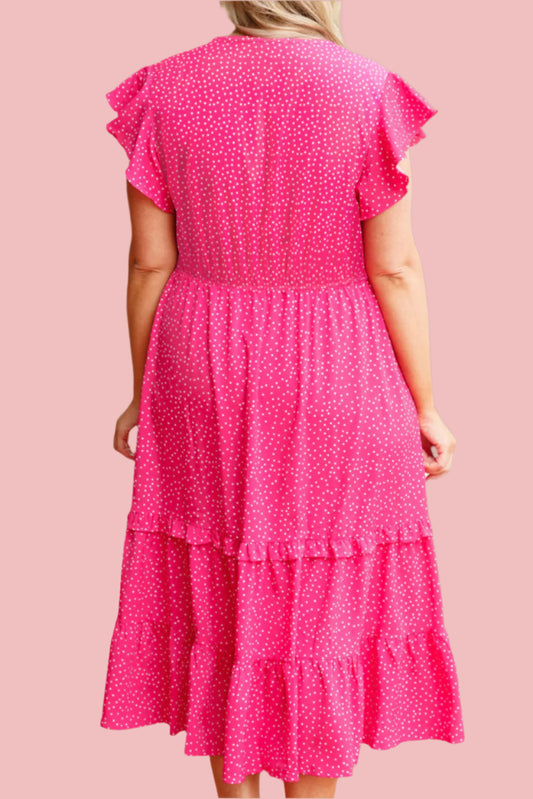Pink Polka Dot Ruffled Smocked High Waist Dress