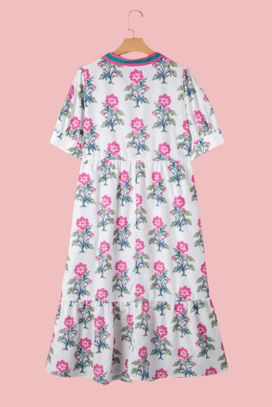 White Floral Print Puff Sleeve Midi Dress