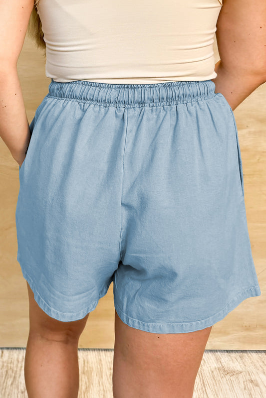 Blue Washed Chambray Drawstring Elastic Waist Shorts