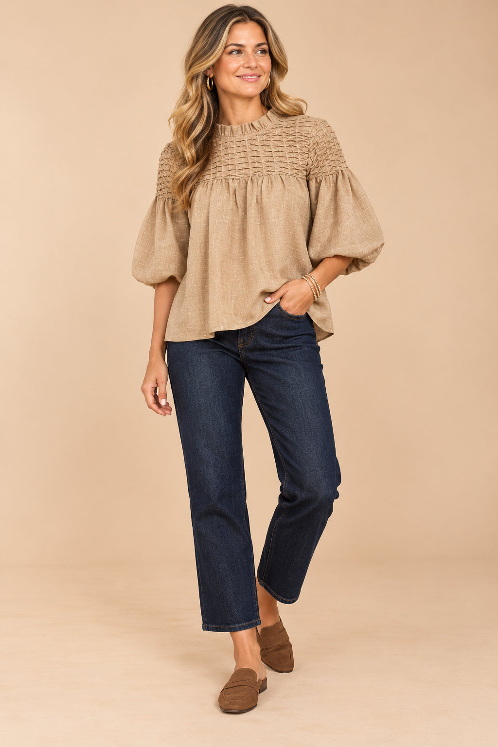 Mocha Woven Bubble Sleeve Blouse