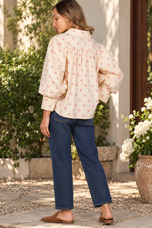 Taupe/ Pink Playful Polka Dot Top