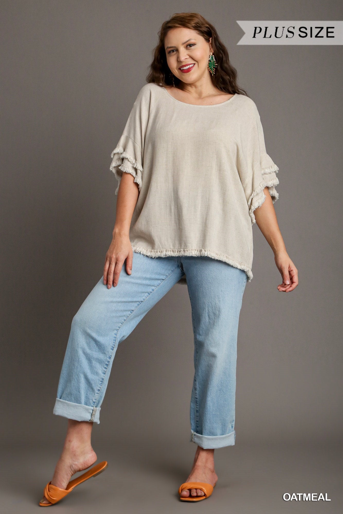 Oatmeal Linen Blend Short Sleeve Round Neck Top