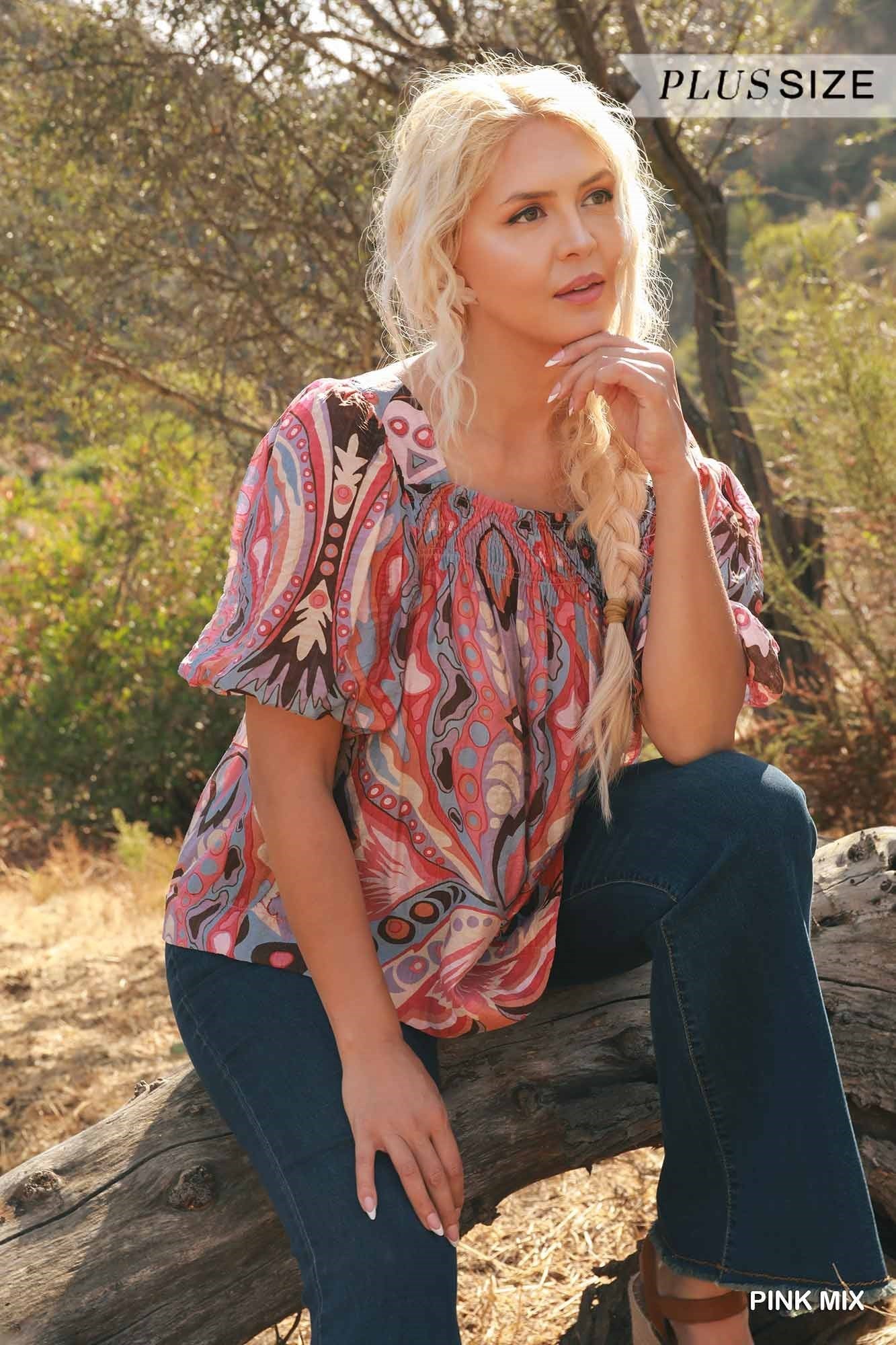Pink Mix Abstract Print Square Neck Top