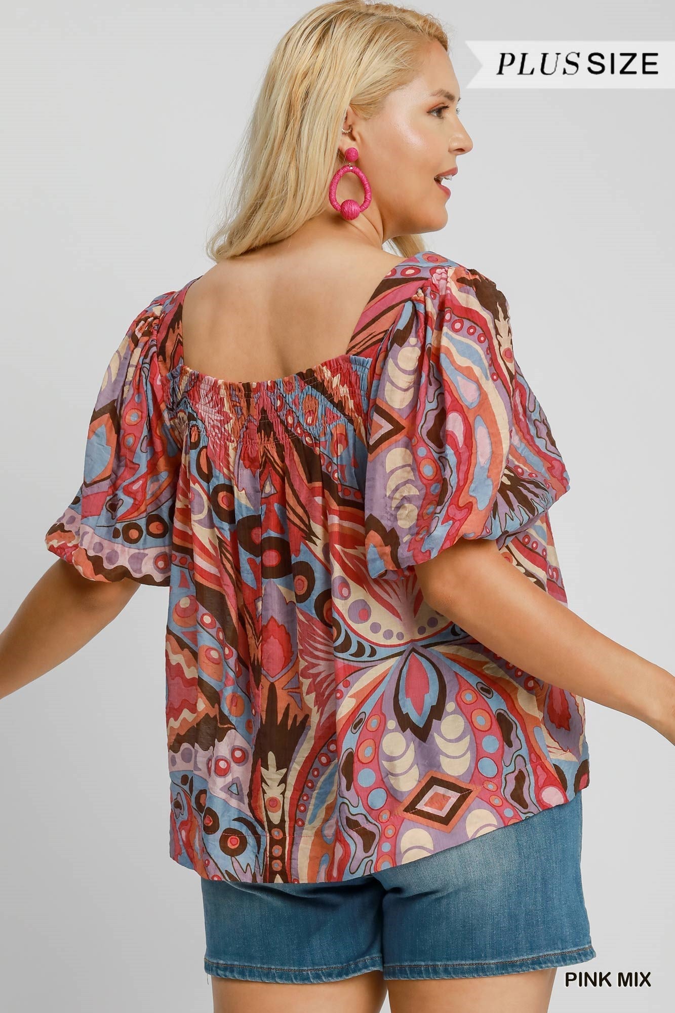 Pink Mix Abstract Print Square Neck Top