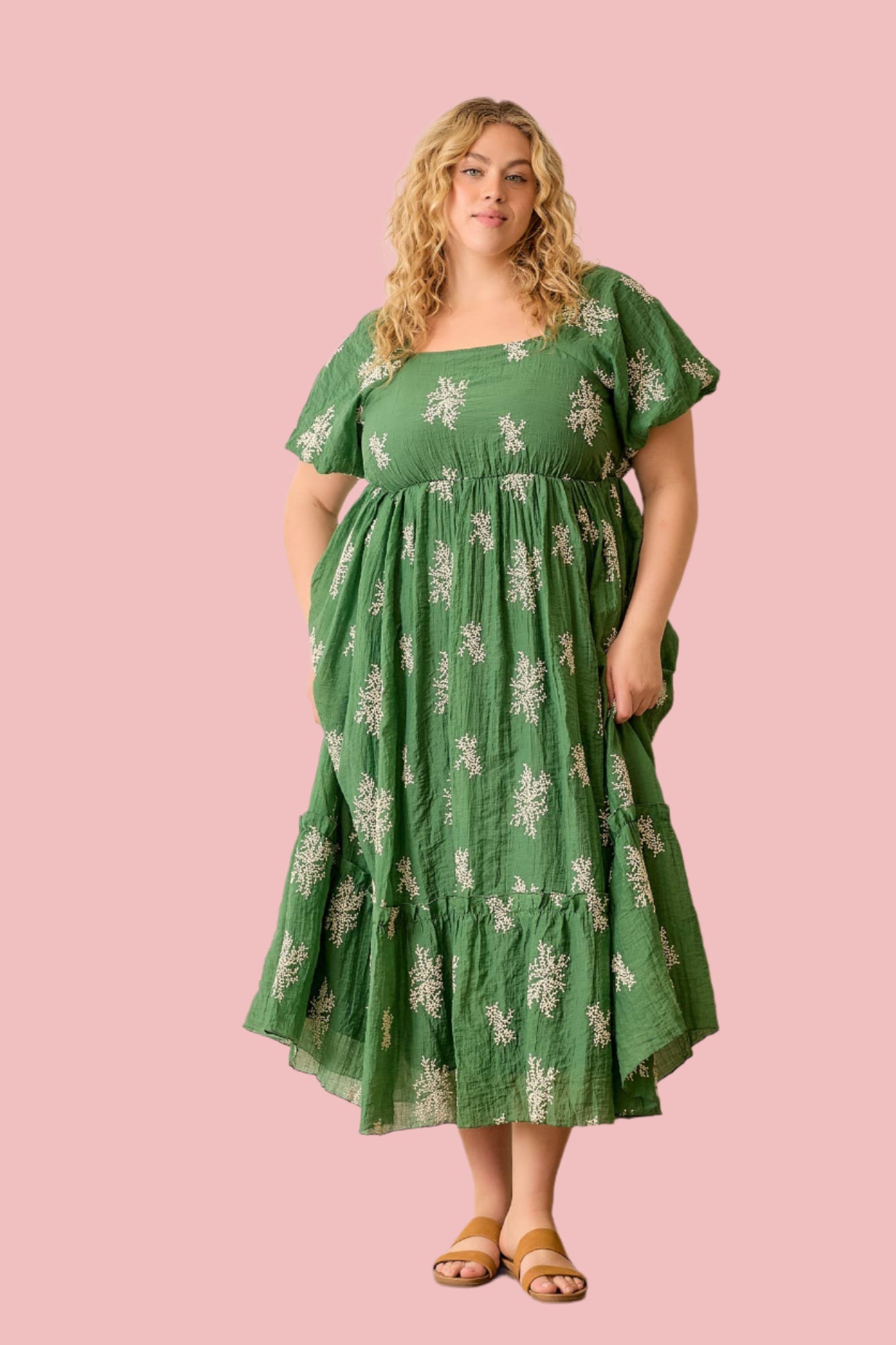 Green Embroidered Square Neck Maxi