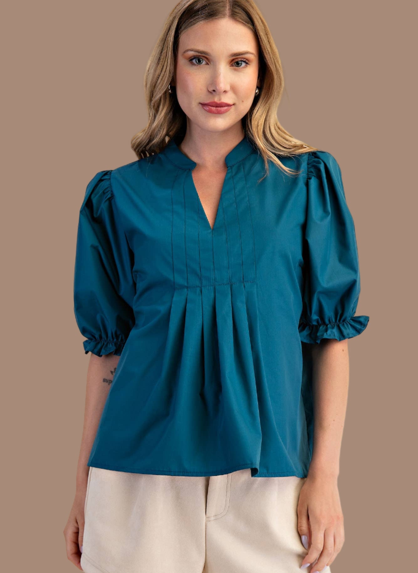 Teal V-Neck Puff Sleeve Top