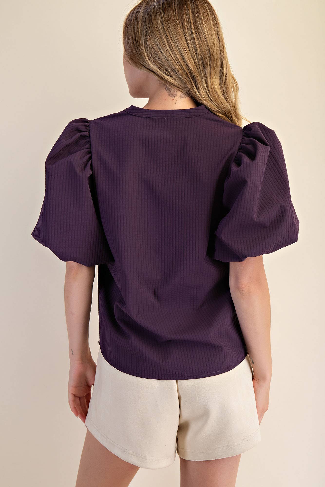 Purple V-Neck Puff-Sleeve Top