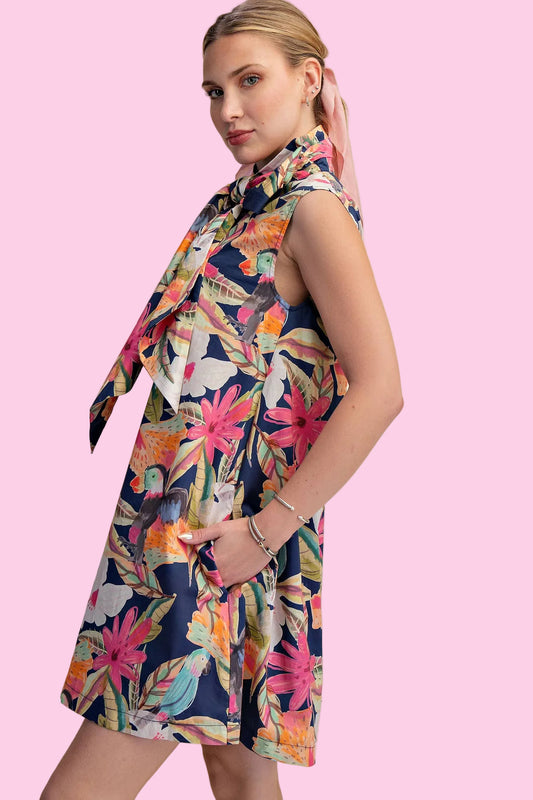 Navy Tie Neck Sleeveless Floral Mini Dress