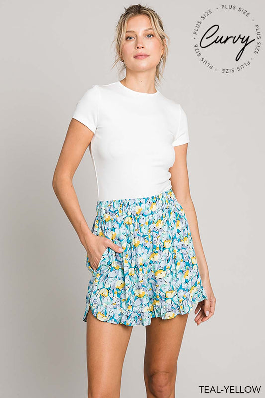 Teal/Yellow Floral Ruffle Hem Shorts