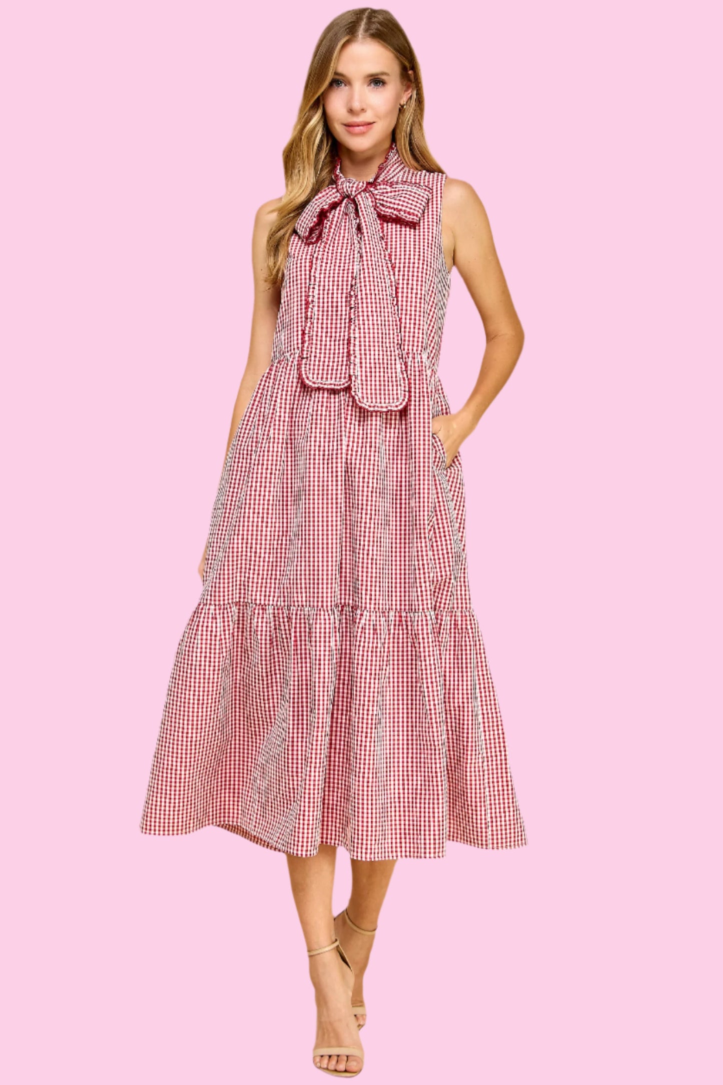 Red Gingham Bow Midi Dress