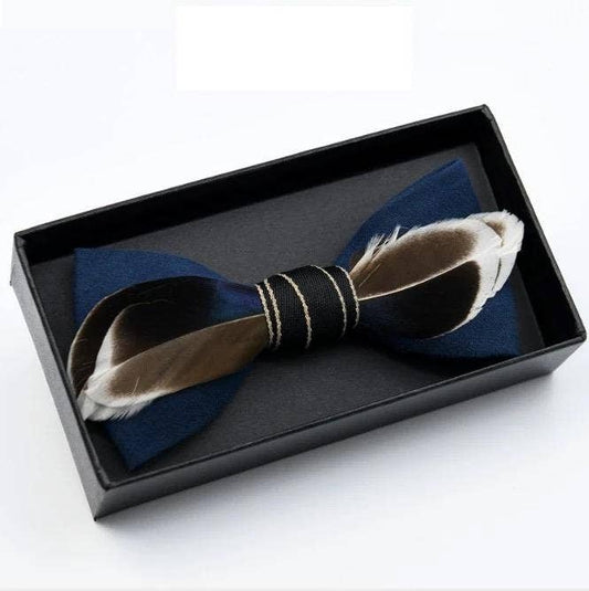 Handmade Navy Blue, Brown and White Feather Bow Tie