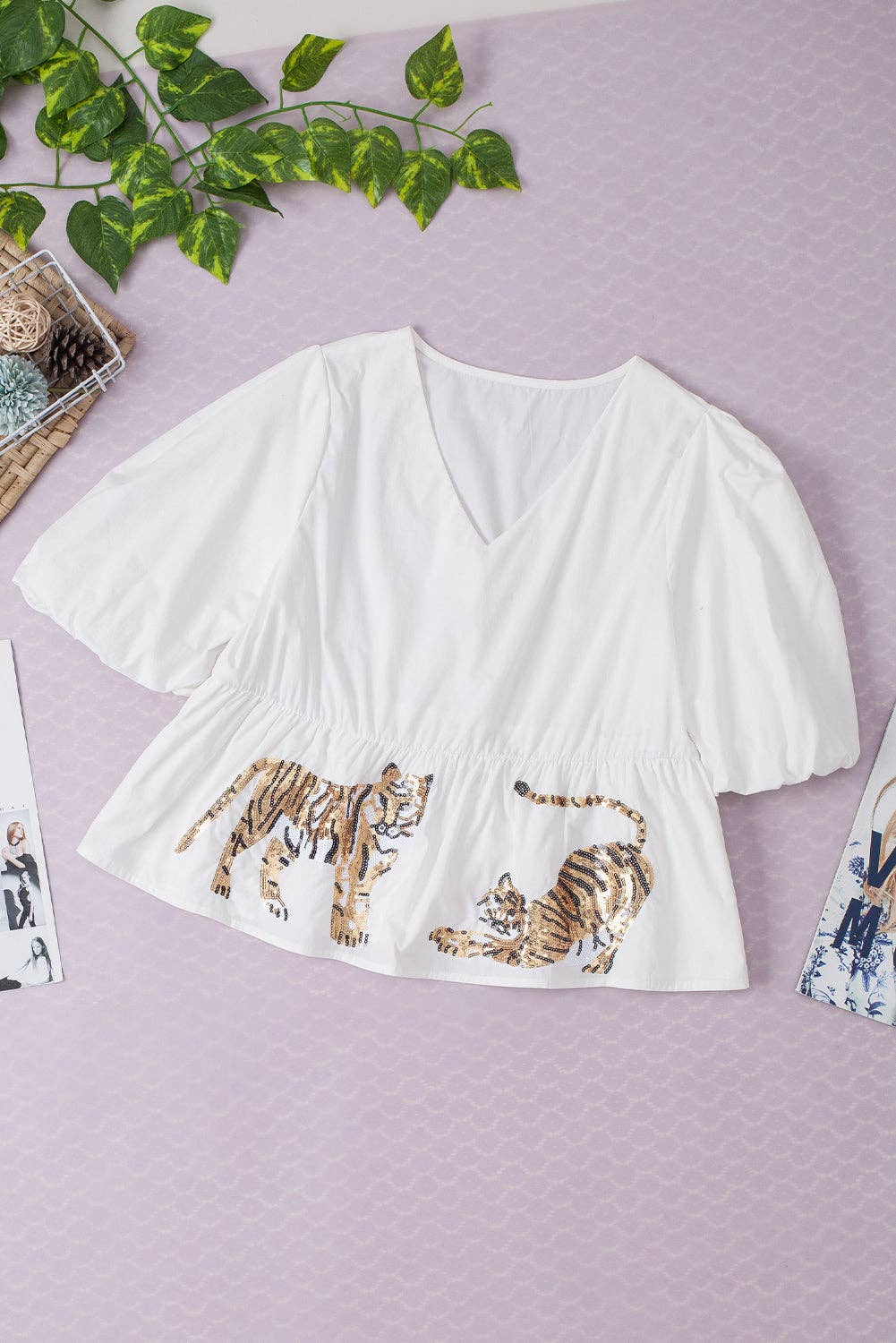 Sequined Tiger V Neck Puff Sleeve Blouse